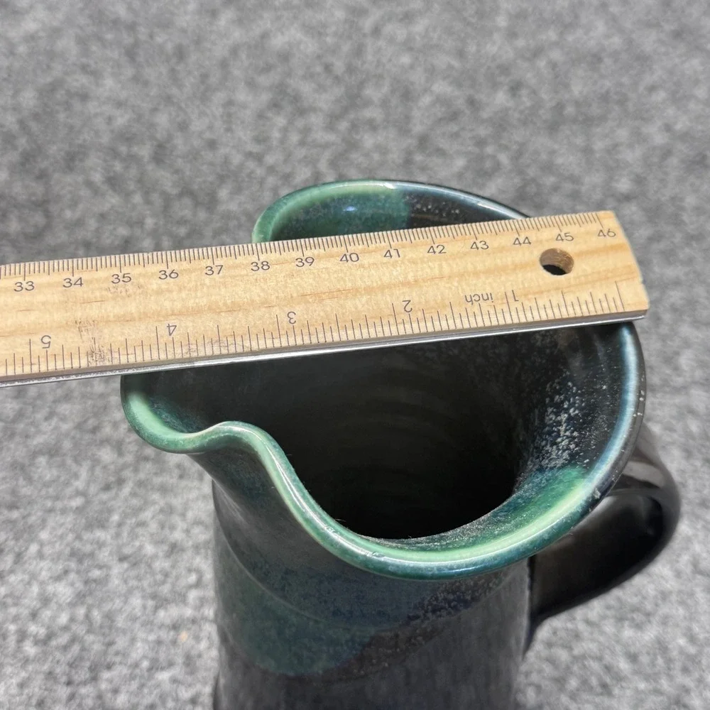 Studio Pottery Pitcher Handmade OS Black Green Drip Glaze Rustic Artisan Boho